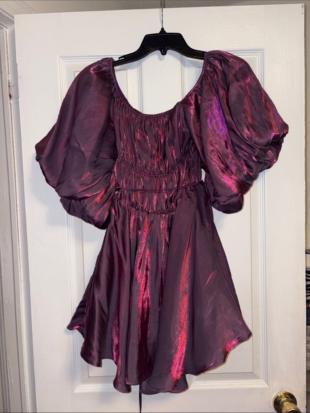 Altar'd State Shimmery Plum-Pink Puff Sleeve Prom Dress